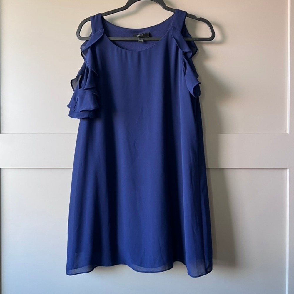 BCX Women Cold Shoulder Ruffle‎ Sheer Overlay Blouse Top Blue Size L Tunic